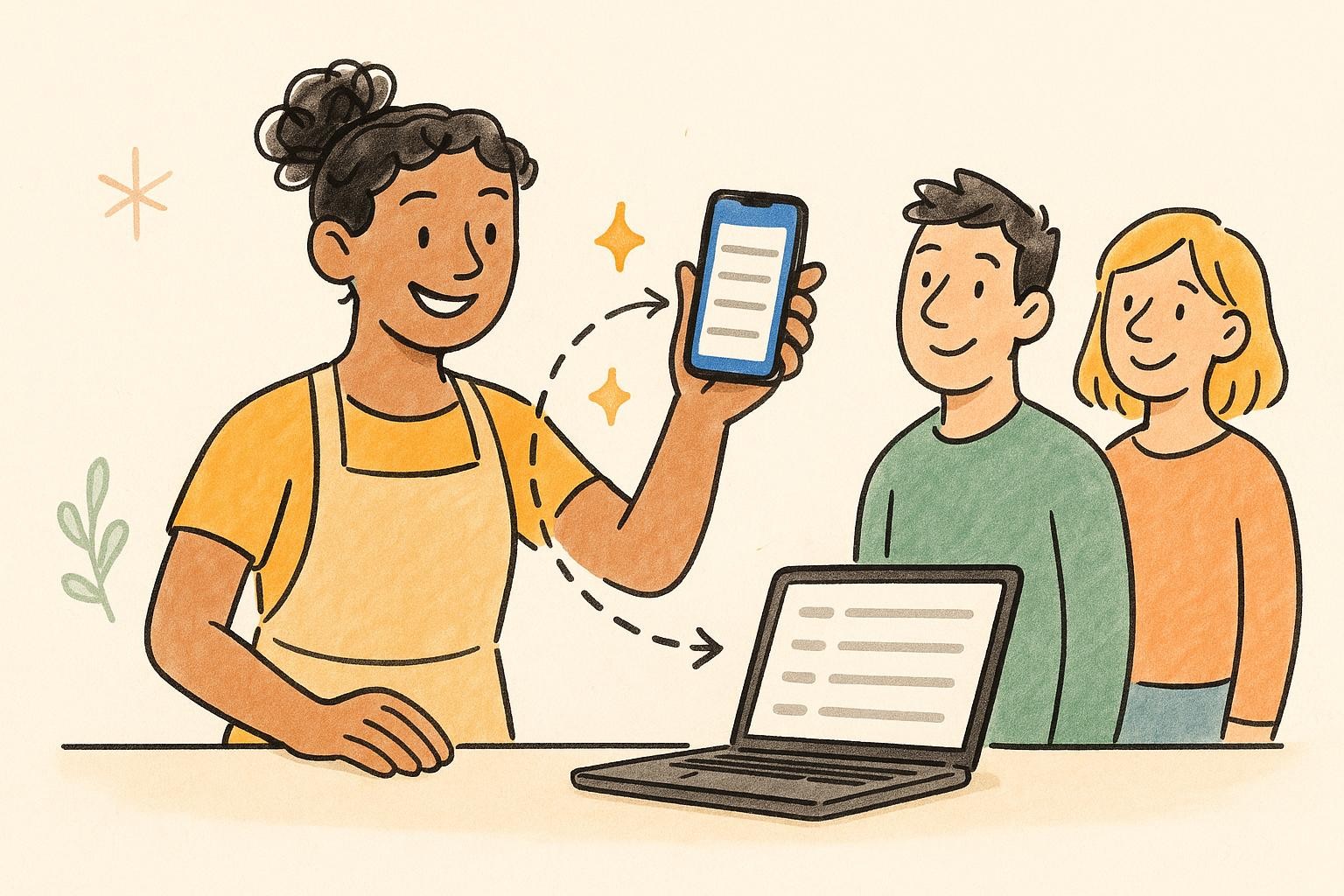 A host running their waitlist on both a laptop and a phone, kept in sync